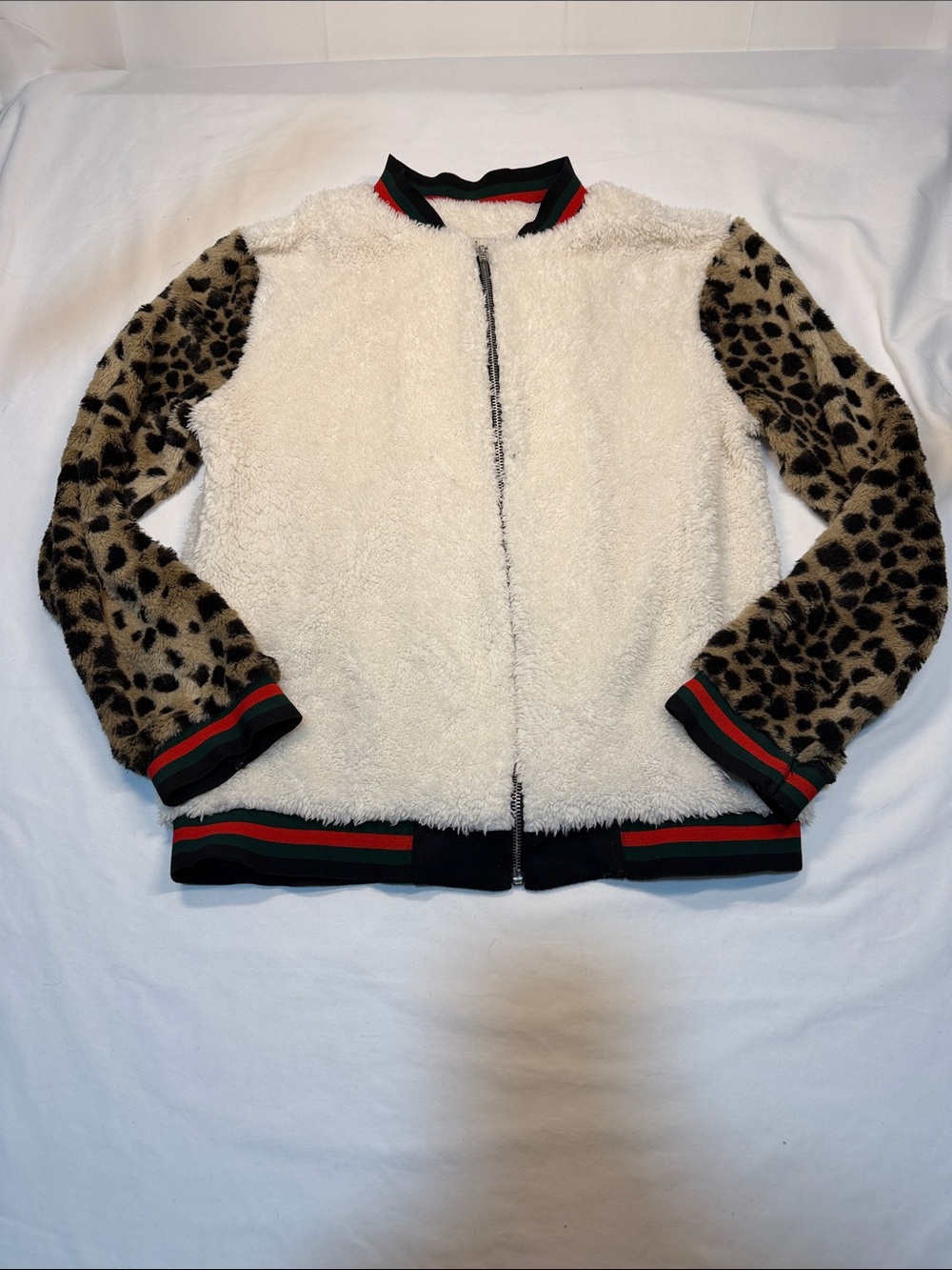 Gypsies & Moondust White Sherpa Bomber with Leopard Print Sleeves